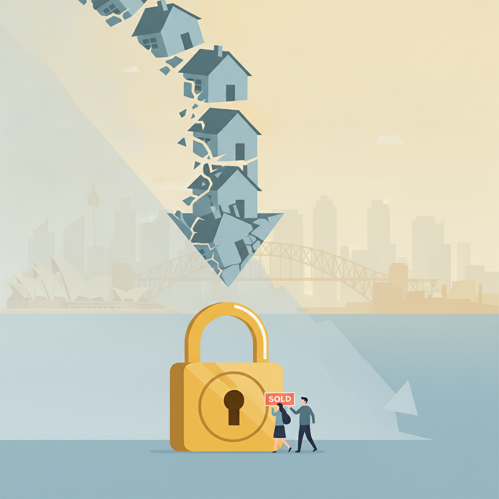 thumbnail for article "Sydney leads price falls  — so why are first-home buyers . AI-generated illustration (Google Gemini)